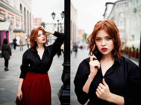 Beautiful red-haired tone pink rhinestone enamel puffy . Medium length hair.Gingerの写真素材