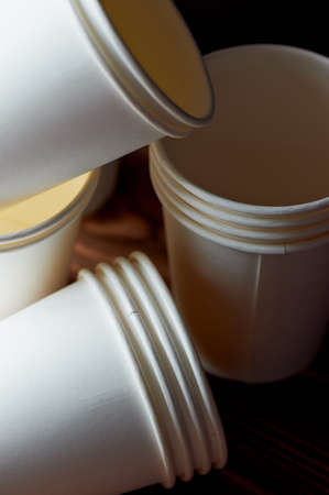 White disposable paper cups for coffee and tea. A lot.の写真素材