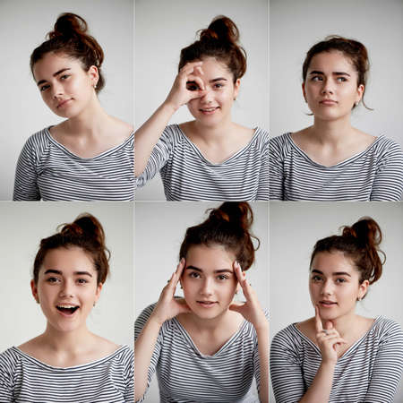 Collage of emotional girl on white background, Composite of positive and negative emotions with girlの写真素材