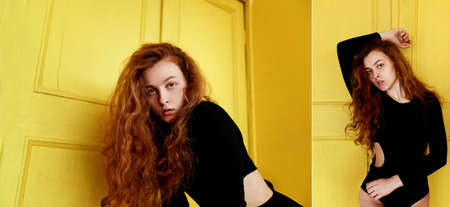 Model tests. Beautiful redhead girl with curly hair. Natural color. Great contrast with yellow...
