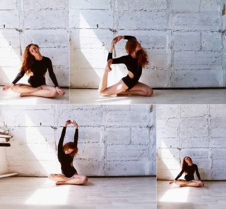 Model tests. Beautiful redhead girl with curly hair. Natural color. Demonstrates the flexibility for yoga, aerobics and ballet on the bright background of brick wall.Studio-loft. Dressed in a black bodysuit.の写真素材
