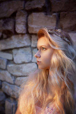 Portrait of a beautiful bride blond girl in pink lace dress ,hair decoration, handmade. Tenderness. Standing amid the old walls of stones, manual clutch. Hard interesting sunset colorの写真素材