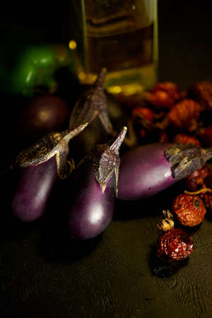 Eggplant, dried rosehip and olive oil. A pleasant lunch and harvest festival.の写真素材