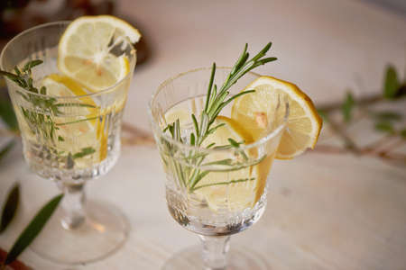 Refreshing summer drink with lemon. Thirst-quenching water.の写真素材