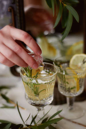 Refreshing summer drink with lemon. Thirst-quenching water.の写真素材