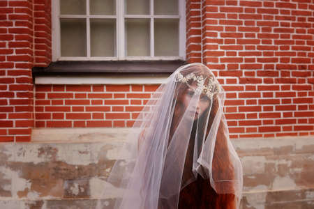Beautiful red-haired girl with long curly hair in the bride, in a long lace dress. A natural beauty.の写真素材