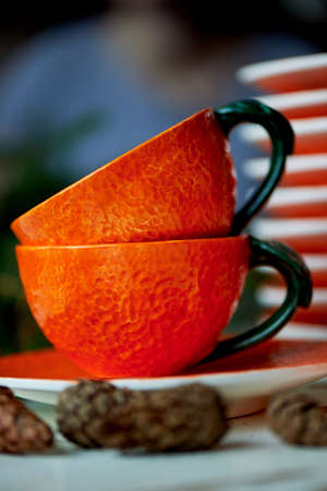 The color of the sun.Warmth. Bright orange dishes in the style of a Mandarin or orange. Ceramicsの写真素材