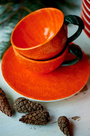 The color of the sun.Warmth. Bright orange dishes in the style of a Mandarin or orange. Ceramicsの写真素材