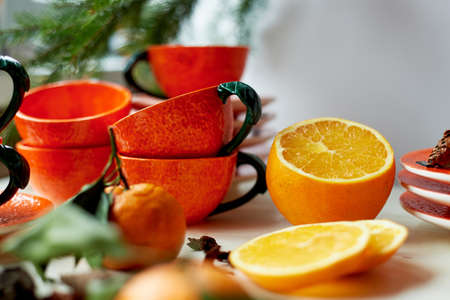 The color of the sun.Warmth. Bright orange dishes in the style of a Mandarin or orange. Ceramicsの写真素材