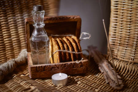 Oatmeal cookies, tied with a jute rope in a wooden box. Rustic retro styleの写真素材