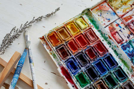 palette with watercolor paint. Not new, artistic designs. Creative space of the artistの写真素材