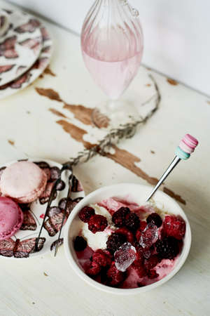 BlackBerry in a Cup covered with crushed ice.Light and healthy snack, Breakfast and dessertの写真素材