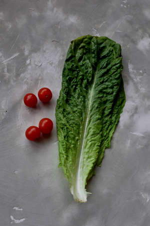 Fresh and beautiful textured lettuce leaf on grey concrete background. Healthy dietの写真素材