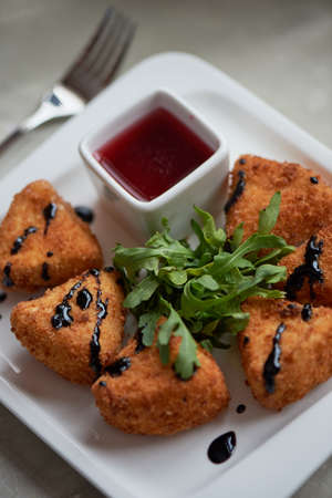 Camembert in batter, deep fried, with balsamic vinegar and arugulaの写真素材