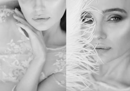 Bright Studio.Delicate and sensual atmosphere of peace and tranquility. Relaxation,Portrait of a beautiful girl with plump lips, graceful thin wrists, with a white fluffy feather. Cats eyeの写真素材