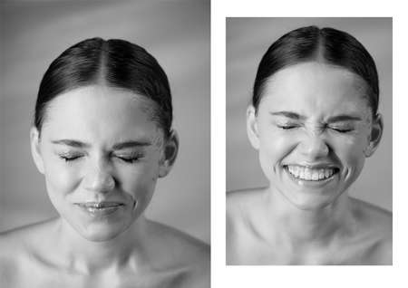 Portrait of young beautiful girl in Studio, with professional makeup. Beauty shooting. Emotional...