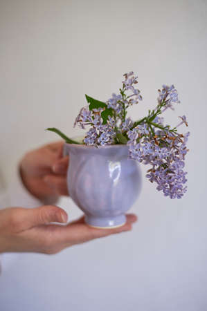 Gently purple bowl in the shape of a Bud, covered with icing. The skill of the ceramist.Hands in the frameの写真素材