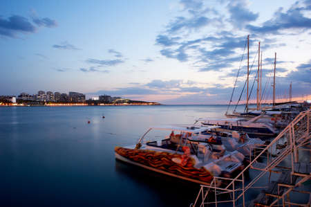 Gelendzhik , Russia- 29 Jun 2018 :Quay, pier with boats and boats. Night city and seaのeditorial素材