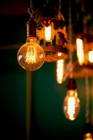 Bulbs Erickson suspended with the cells with the decoration bird. Yellow warm lamp lightの写真素材