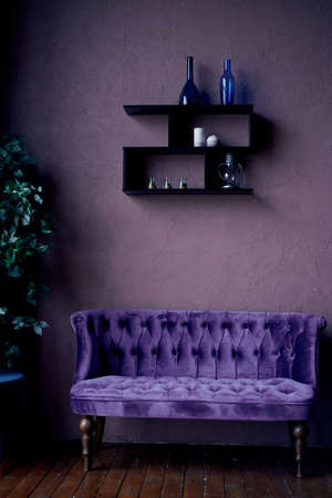 Retro interior with purple sofa and dark walls. Colored bottles. Intellectual houseの写真素材