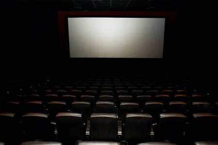 A cinema hall or a hall for events with a screen. A number of comfortable leather chairs. Manyの写真素材