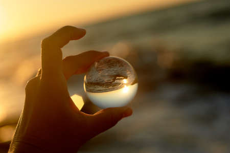 Ball in hand, the reflection of the sea, and the tree trunk in the water.の写真素材