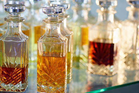 Glass perfume bottles based oils. A Bazaar, market. Aroma oils, oil perfume in faceted glass vessels.の写真素材