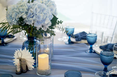 Wedding decoration of the Banquet hall for the wedding in blue. Hydrangea.の写真素材