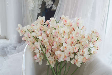 Lots of orchids and white chiffon. Decorative floral design.の写真素材