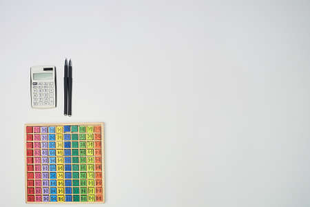 Multiplication table .Macro mode. Colored wooden cubes. Teaching children math and numeracy. Mental...