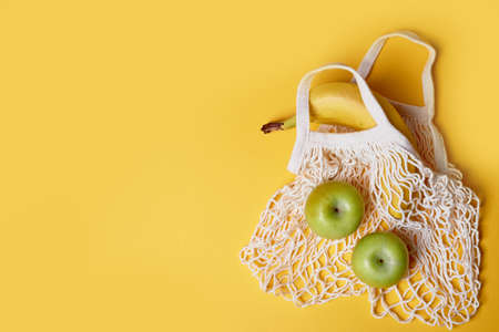 Oatmeal with bananas and apples. Replacing plastic bags. Healthy and healthy vegetarian food.