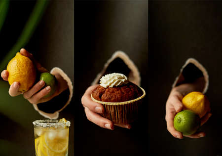 Collage .Hand in the hole of the paper. Holds a cupcake, and a lemon. Against the sweet fruit. Diet or gluttony. Trend, place for text.の写真素材