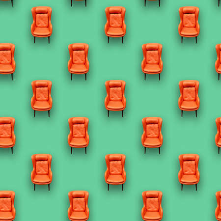 Square pattern, juicy orange chair on a green mint background. Interior for active and young people.の写真素材