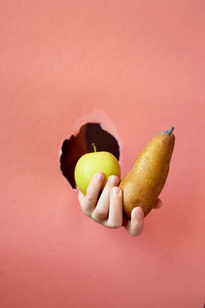 Red apples in the hands of a childの写真素材