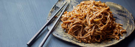 Buckwheat noodle with teriaki sauce. Asian dish. With wooden sticks. On a clay plate and a gray background.の写真素材