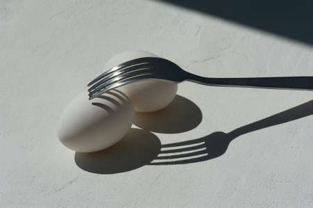 Egg with shadow from the fork. Minimalism. Cooking pastries, omelets. Easy. Shadows and light.の写真素材