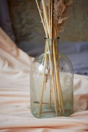 Stems of dry flowers in a large transparent bottle on light fabric. Still life for the artistの写真素材