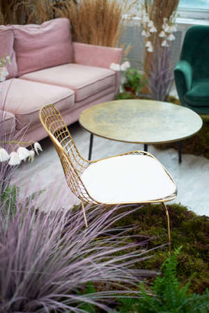 A golden chair with a mesh back stands on the moss. Eco design.Stylish interior with cereals and dried flowers.の写真素材
