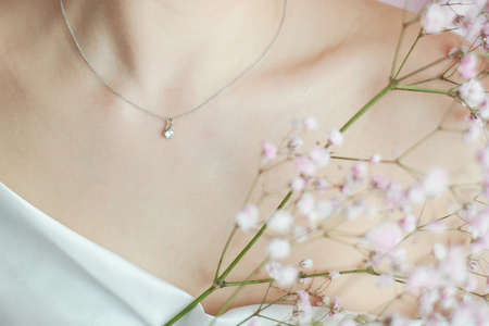 A sprig of pink hippophile, a womans neck and a silver jewelry with a transparent stone. Tenderness in the advertising of jewelry and perfume. Beauty and womens healthの写真素材