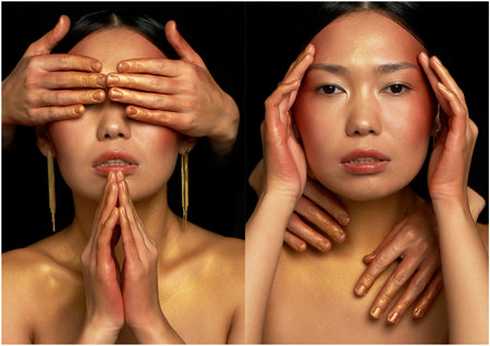 Collage with an Azita girl with golden skin. Perfect beauty. Thin fingers and hands. Beauty parlour.