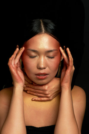 Headache and cold. Feeling unwell. Asian girl.
