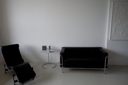 Psychoanalysts office. Black and white minimalism. Sofa and couch. Psychology.の写真素材