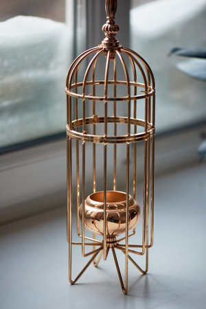Gold metal candle holder in the shape of a bird cage. Interior detail