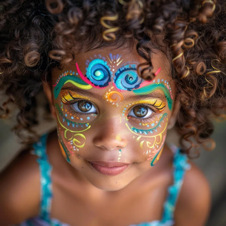 Adorable african-american girl getting tiger face painting in park, empty spaceの素材