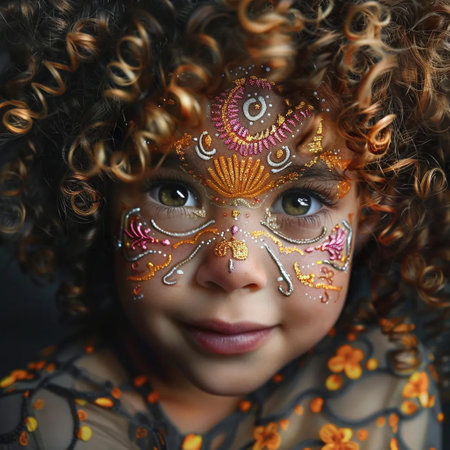 Adorable african-american girl getting tiger face painting in park, empty spaceの素材