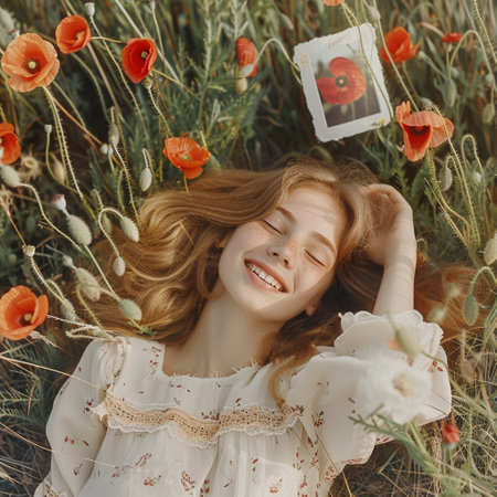 A girl lies in a field with flowers and smiles at a photo of a poppy.の素材