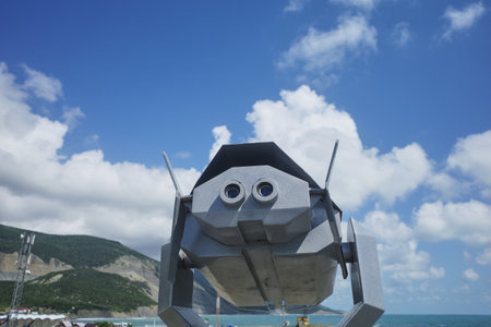 Observation deck by the sea with a view of the mountains. Zoom deviceの写真素材