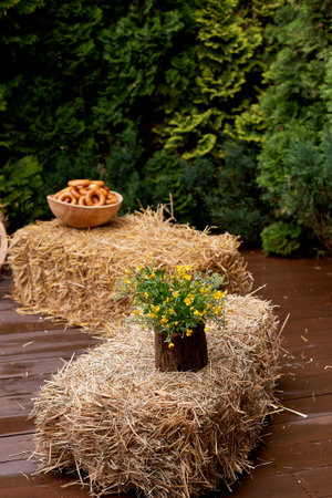 Wedding decoration in the Slavic style. Dried mushrooms and yellow flowers on haystacks. Halt, picnic and summer rest.の写真素材