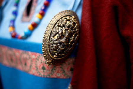 Decoration of clothes in the Slavic ancient style. Vikings. Multi-colored beads, simple fabrics of rich colors. Pastiche.の写真素材