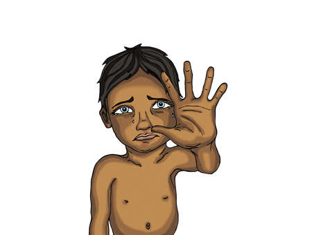 Crying boy, hand signals to stop the violence and pain. Drawn on a white background. Portrait of a frightened child. Pop art styleの写真素材